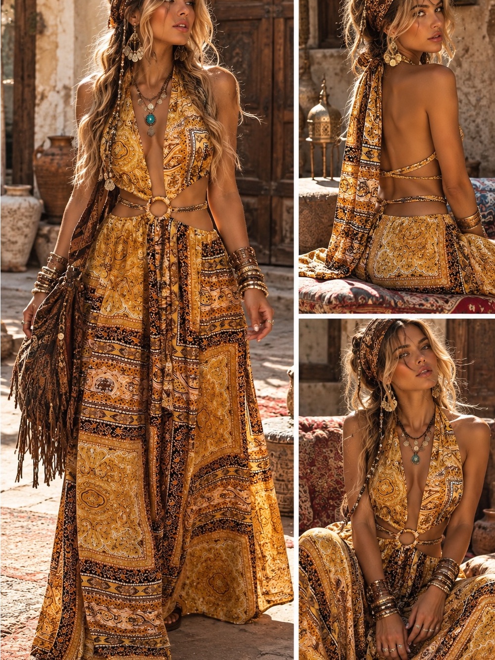 Luxxel Boho Halter Maxi Dress in Mustard and Brown